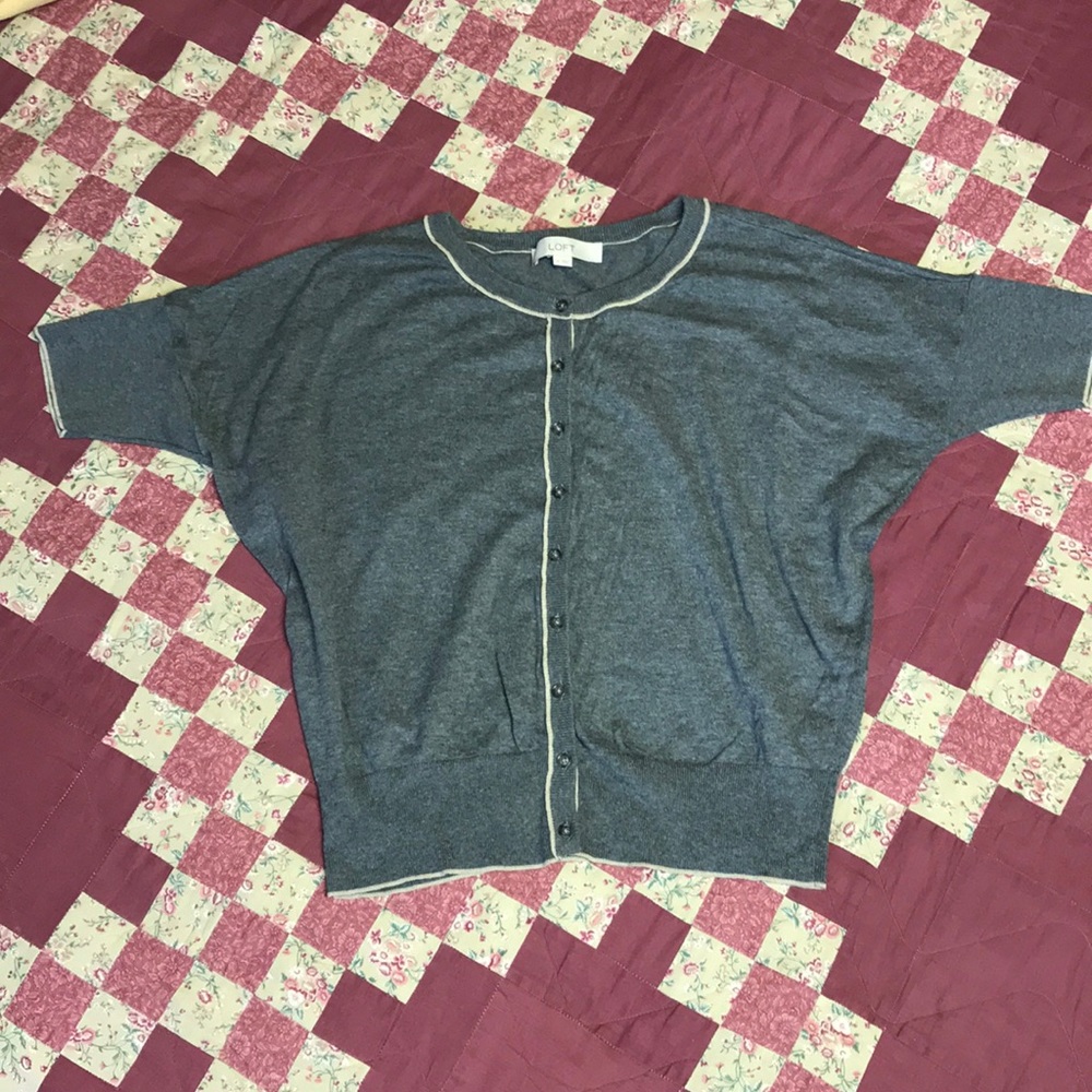 Loft Grey Button Up Short Sleeve Cardigan Medium